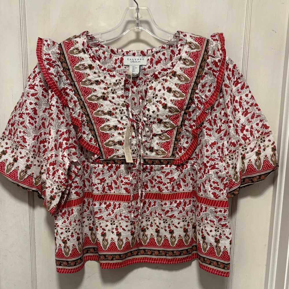 Calypso St. Barth Red and White Floral Ruffled Peasant Blouse